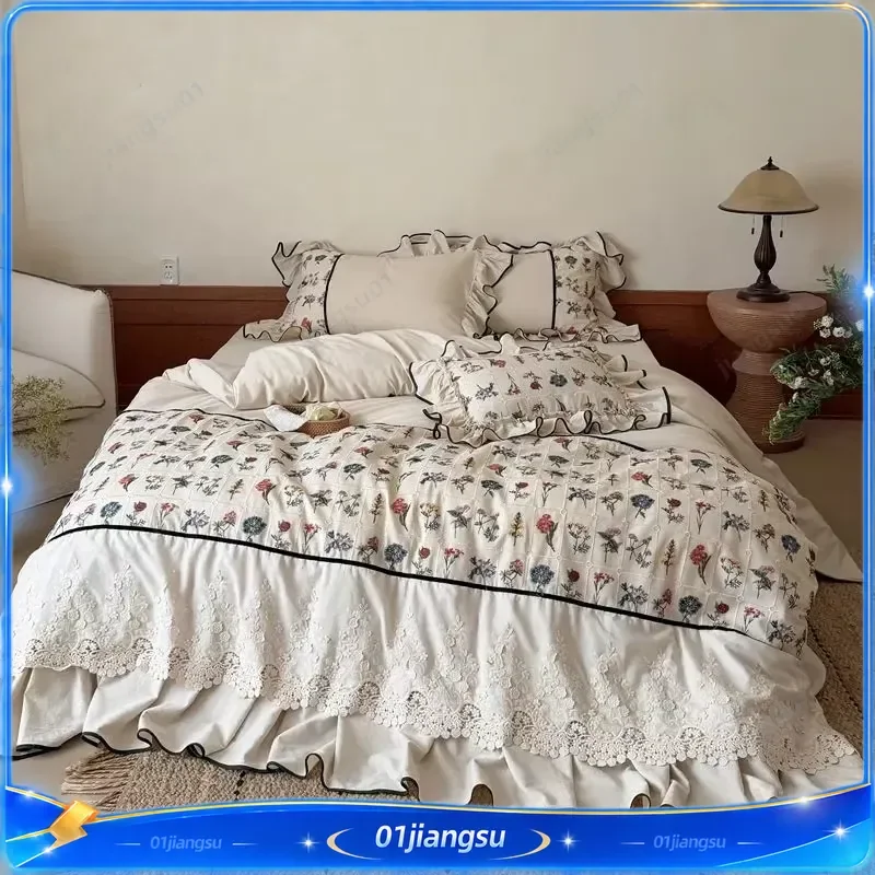 Vintage Floral Embroidery Cotton Linen Bedding Set Ruffle Lace Edge Duvet Cover Flat Fitted Sheet Pillowcases 4Pcs Home