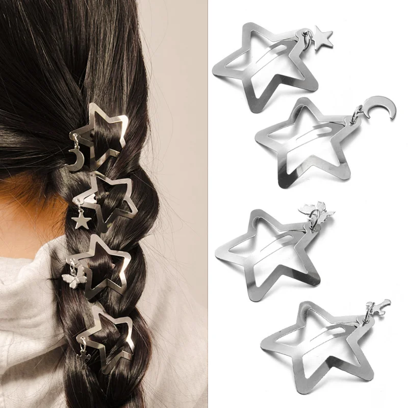 2/10PCS Y2K Silver Star Hairpins for Women Stars Filigree Metal Snap Hair Clips Girls Side Hair Grip Barrettes Hair Accessories