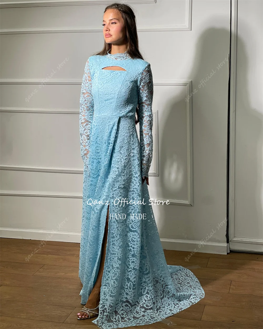 Elegancka damska suknia wieczorowa Qanz, długie rękawy, różowe aplikacje koronkowe, suknie balowe, wysokie rozcięcie, długa linia A, suknie wieczorowe, szyte na miarę.