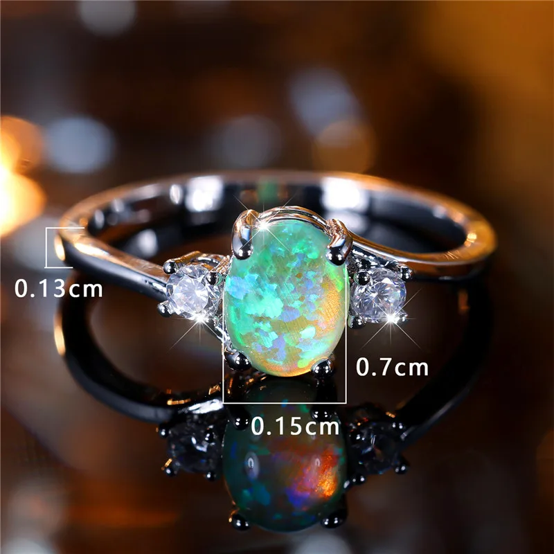 Cute Female Green Fire Opal Oval Stone Ring Fashion Silver Color Wedding Engagement Jewelry For Women