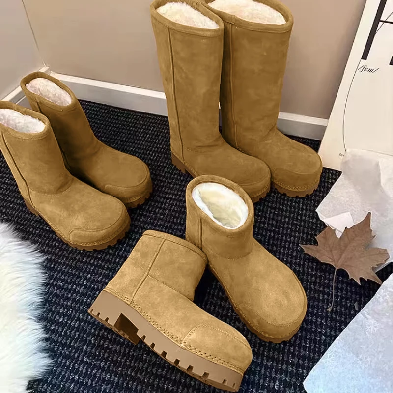 

Brand Design Snow Boots Thick Sole Warm Long Short Tube Comfort Big Head Winter Boots Leather Fur Fashion Large Size Snow Boots