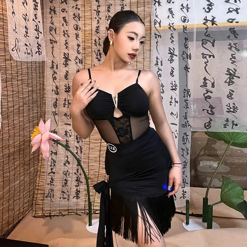 

Latin Dance Costume Women Waltz Practice Clothes Adult Black Sleeveless Performance Split Set Tango Samba Dancing Wear XH2696