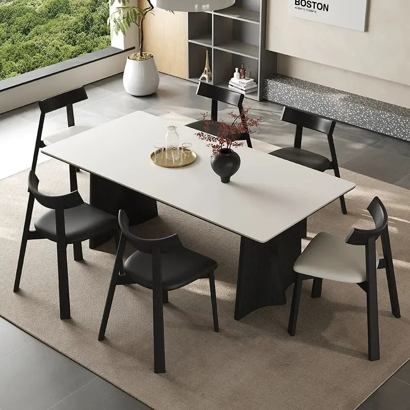 2026 New Modern Minimalist Rectangular Dining Table Black Solid Wood Frame with Pure White Matte Rock Slab Top Retro Designer