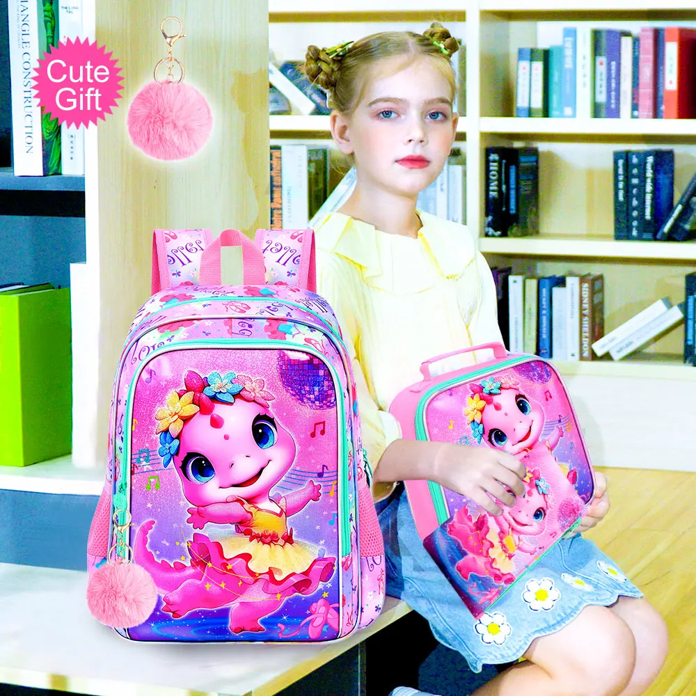 3Pcs 16 Inch Girls Backpack Set, Cute Ballet‑Dinosaur School Bag with Lunch Bag & Pencil Pouch, Lightweight Elementary Bookbag