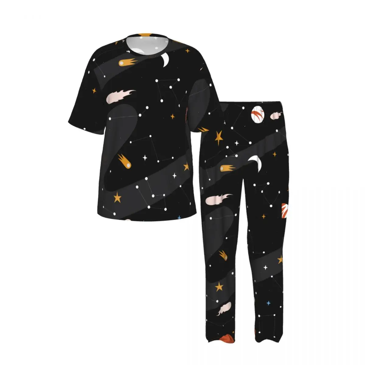 Men's Pajamas Set Summer Short-Sleeve Tops + Long Pants Nightwear Home Wear Suits Colorful Galaxy Sleepwear