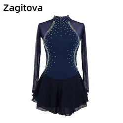 Zagitova Figure Skating Dress Women Girls Ice Skating Skirt Performance Competition Mesh Skirt Navy Blue