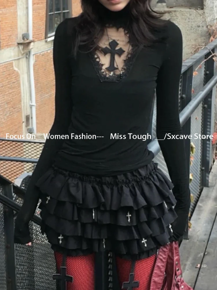 Vintage Knitted T Shirt Subculture Long Sleeve Sexy Y2k Tees Harajuku Crop Top Turtleneck Red Gothic T-Shirts Women Cross Hollow
