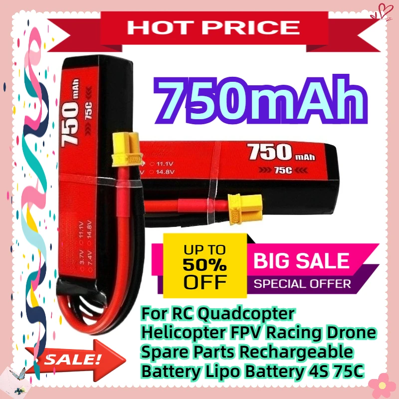 

750mAh 14.8V For RC Quadcopter Helicopter FPV Racing Drone Spare Parts Rechargeable Battery Lipo Battery 4S 75C