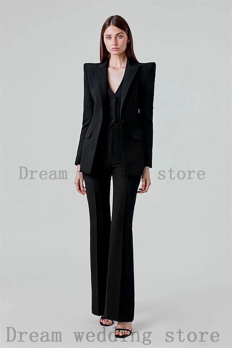 Costume blazer pour femmes, 3 pièces, noir, tenue de bureau, soirée, mariage, smoking, pantalon évasé, sur mesure, robe de bal