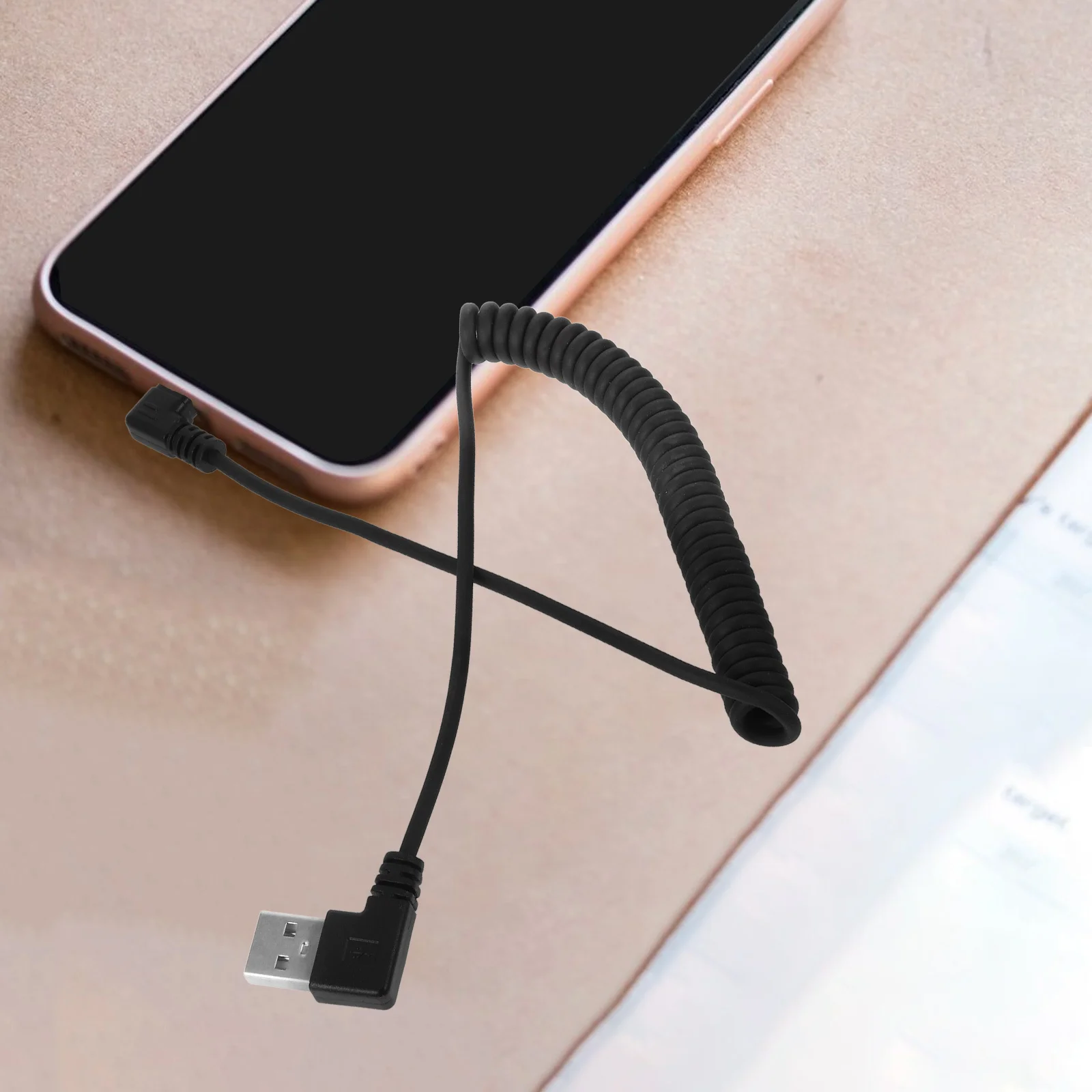 Cable de carga USB con resorte en espiral, conector retráctil de doble ángulo recto, Cable de transferencia de datos de carga rápida Compatible con Android
