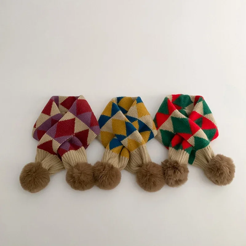 

Retro Plaid Scarf for Baby Winter Thick Knitted Scarves Boy Girl Kids Outdoor Warm Cute Pompom Neckerchief