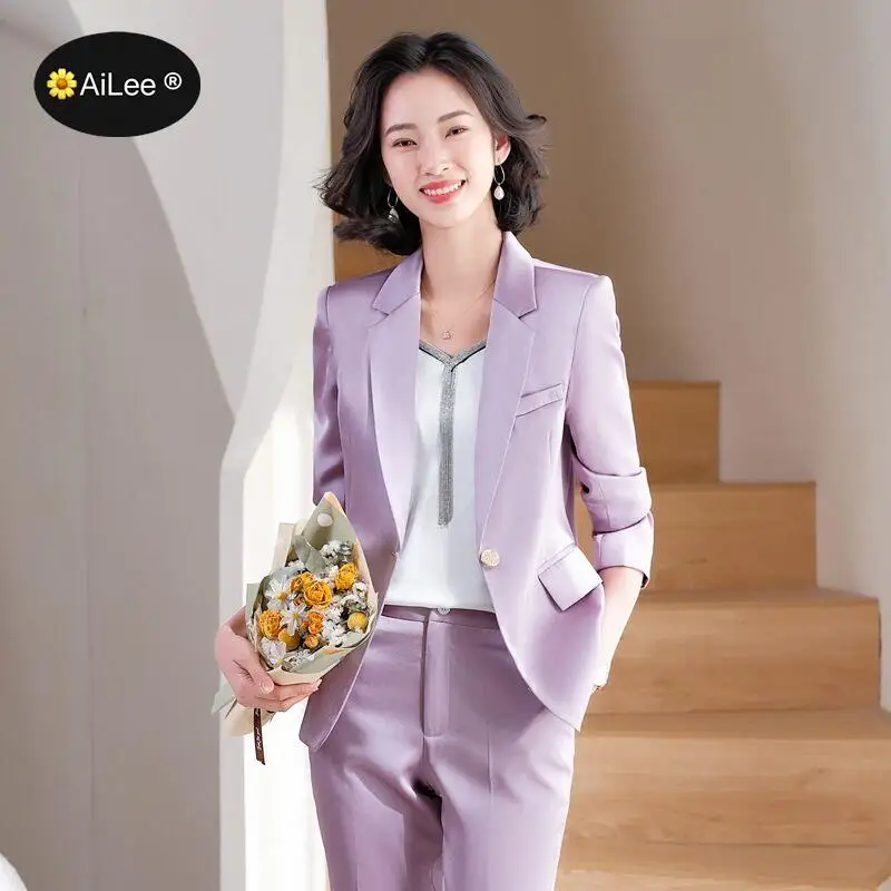 Blazer da donna in raso di seta Senior completo di pantaloni di lusso Set viola oversize Office Lady elegante cappotto Business giacche a bottone