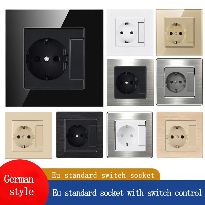 86 Type PC Tempered Glass EU Socket 16A Wall Concealed German Style With Switch Control Socket All-aluminum Stainless Steel