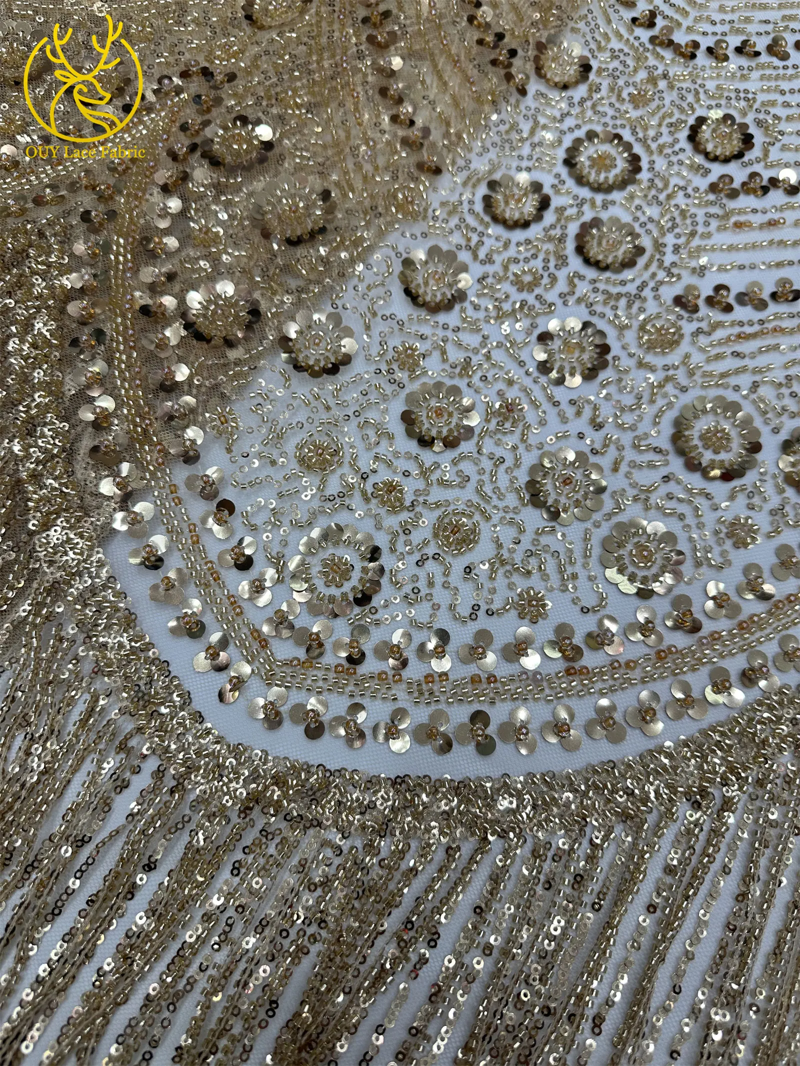 Goldener Afrikanischer Nigerianischer 3D-Perlen-Spitzenstoff 5 Yards Französischer Pailletten-Tüll Stickerei-Kleiderstoff für Damen Party Hochzeit Kleid Nähen – Detail 9
