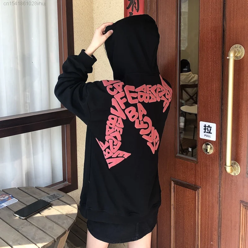 Yk2 Vintage Letter Graphic Zipper Hoodie Women\'s Y 2k Streetwear Gothic Punk Korean Style Loose Oversize Black Hooded Coat Lady