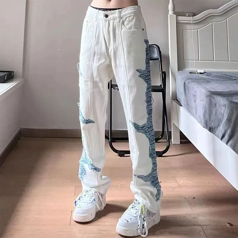 

White Patch Hip Hop Straight Man Cowboy Pants with Pockets Men's Jeans Trousers Spring Autumn New in Kpop Aesthetic Harajuku Xs