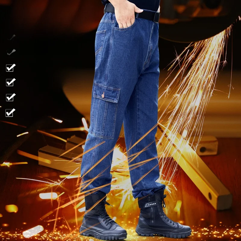 

Мужские рабочие брюки Thiened из чистого хлопка, износостойкие, свободный крой, специальная сварка, противоожоговая джинсовая защита труда