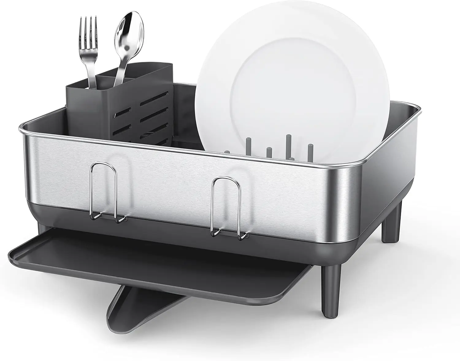 

Dish Drying Rack With Stainless Steel Frame, 360º Easy Drain Swivel Spout, Utensil Holder, Anti-Residue Coat