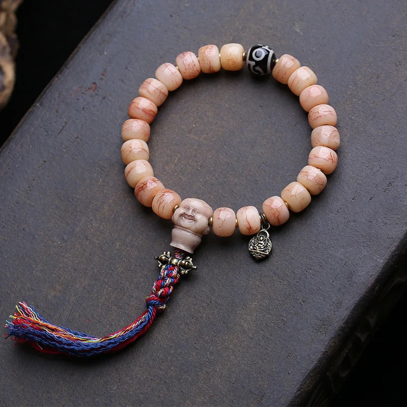 Single-Strand Bracelet With Recycled Powder Blood Bucket , Red Agate, Dzi Beads, Yak Bone, And Three-Way Copper Be