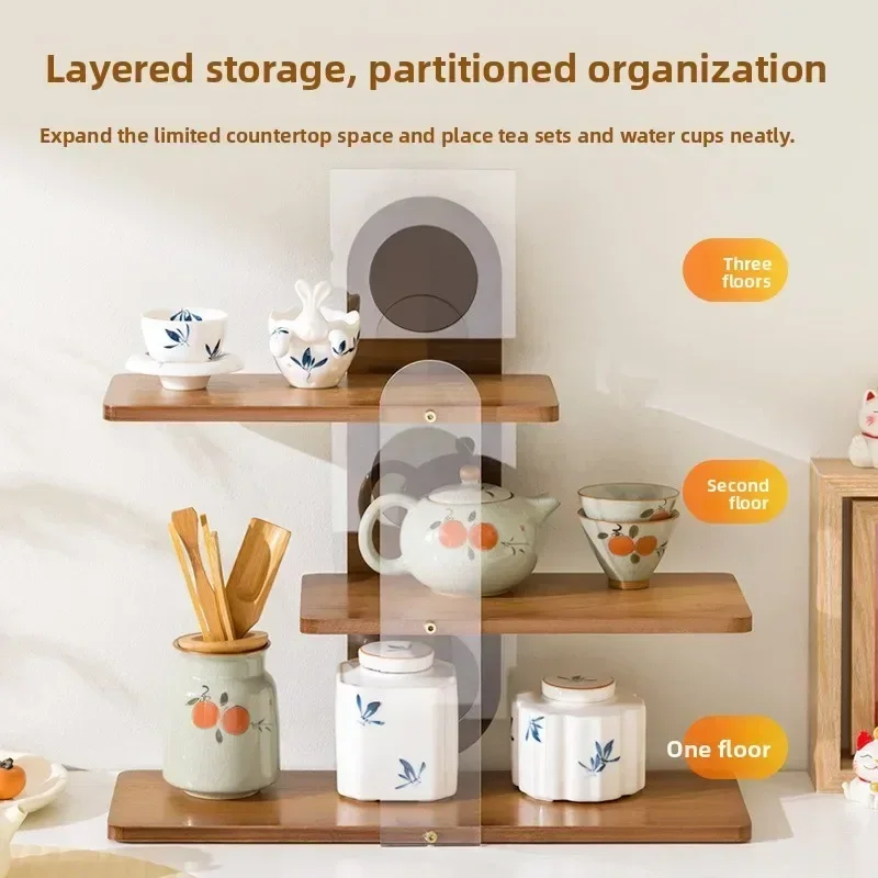 Solid wood teacup rack Chinese Bogu rack storage box table rack Pu'er teapot stove tea set rack