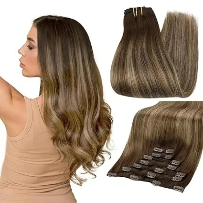 

Full Shine Clip In Human Hair Extensions Balayage Hair 7pcs Double Weft 100% Machine Remy For Woman