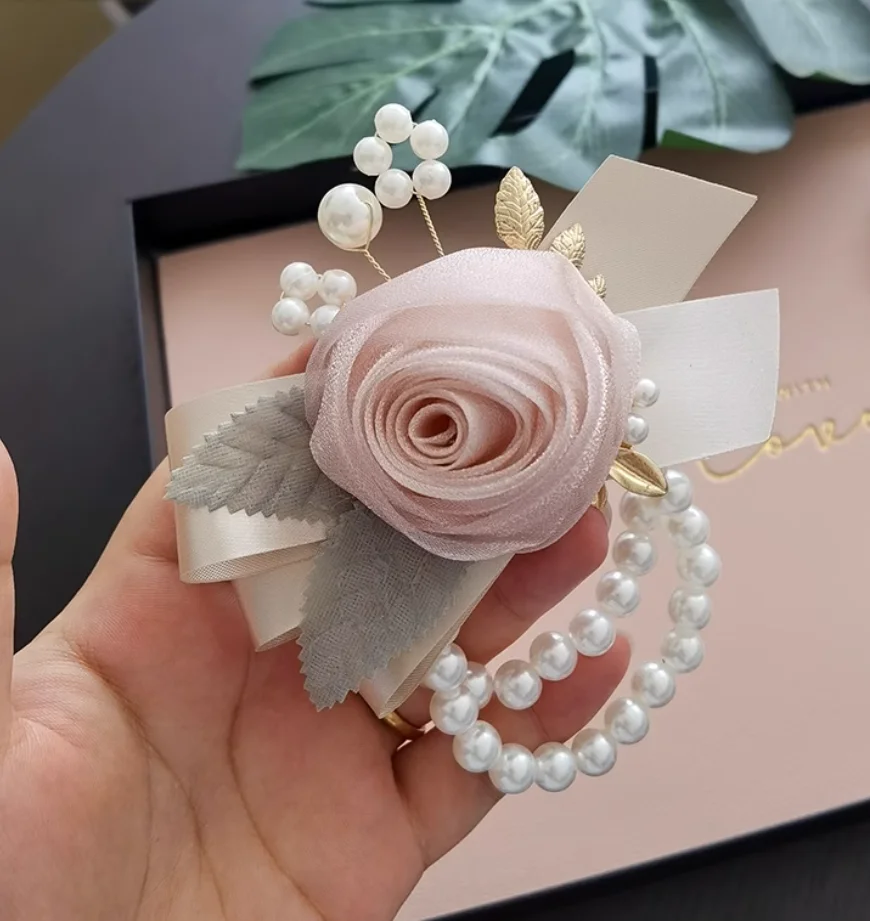 Bridesmaid wrist corsage, sparkling 3D flower bud pearl elastic bracelet, simple wedding bridesmaid bouquet