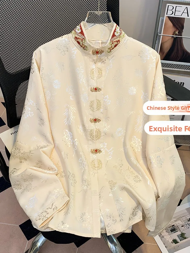 

New Chinese Sle Heavy Embroidery Stand Collar Long Sve irt Women's Spring Autumn New High End Retro National Sle Han...