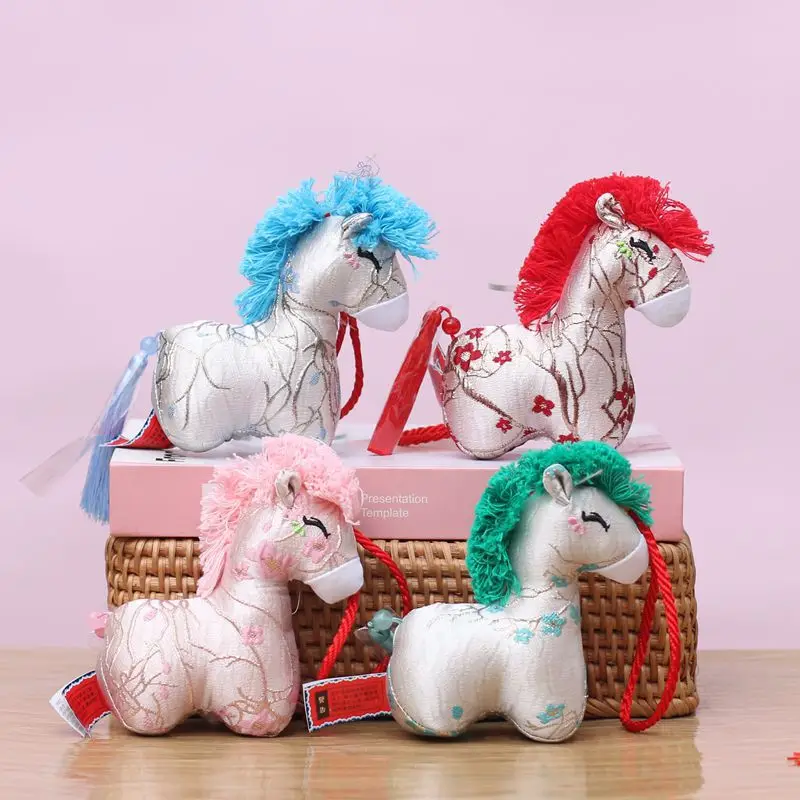 

New Year Plush Horse Keychain Chinese Style Embroidery Flower Cartoon Steed Mascot Dolls Ornaments Keyring Horse Doll Pendant