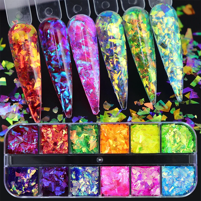 12 griglie colorate Aurora Nail Glitter Flakes Super Sparkling irregolare cristallo paillettes polvere Charms decorazione per unghie