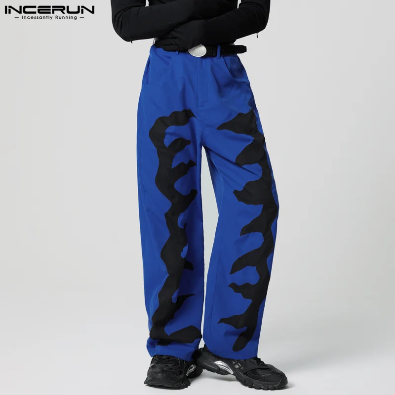 

INCERUN Handsome Pants Patchwork Color-block Loose Trousers Men Casual Zipper Handsome Fashion Wide Leg Pants Male Bottoms