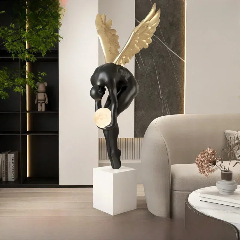 2026 Unique Home Decor Wing Figure Model Sculpture Living Room Luminous Ornaments Large Statue Modern Nordic Style Resin Crafts