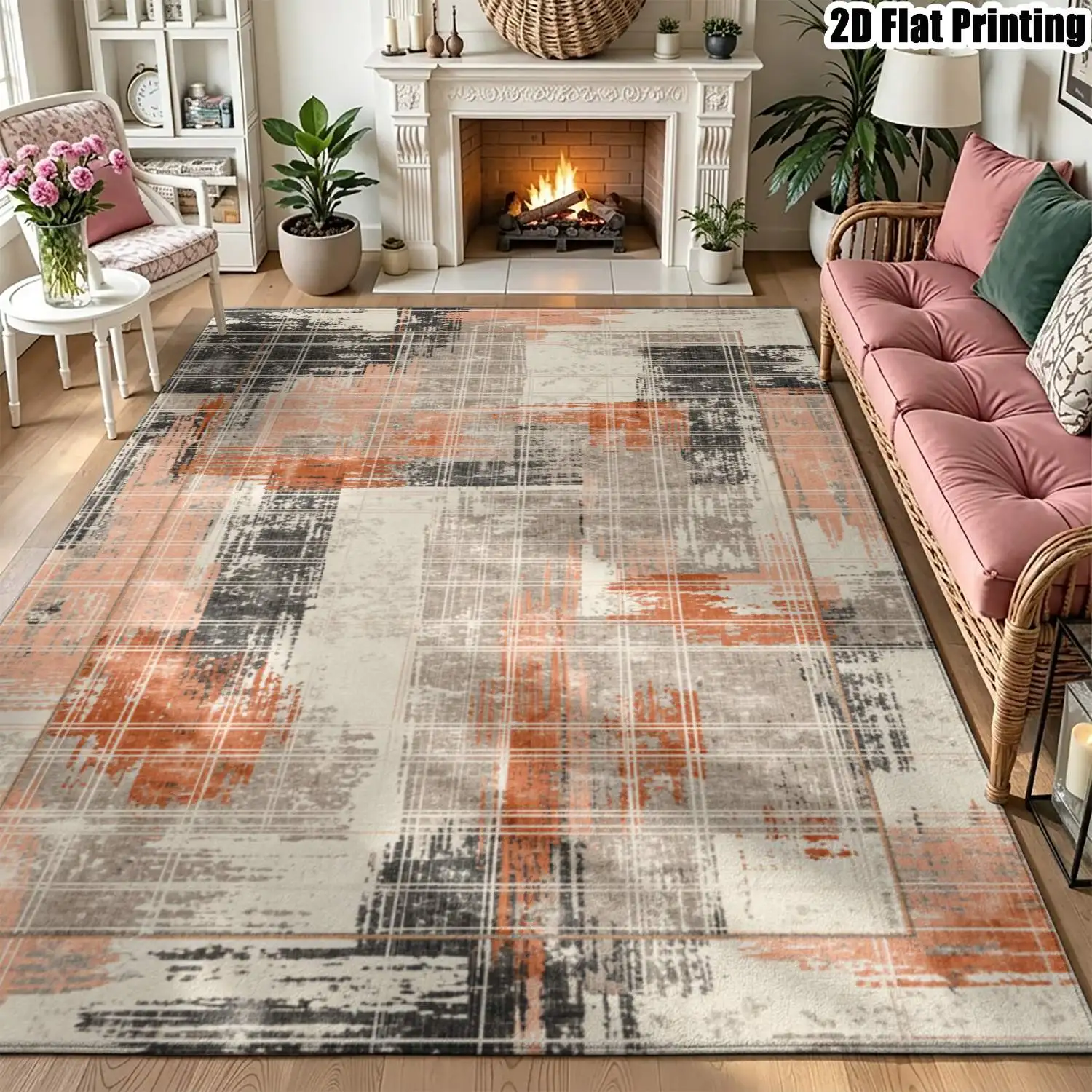 1Pc 2D Printed Orange-Gray Geometric Abstract Carpet, Fits Nordic/Modern Minimalist/Vintage Decor, Multiple Sizes, Machine Washable, Ideal for Entryway, Dining Room, Foyer, Bedroom, Living Room