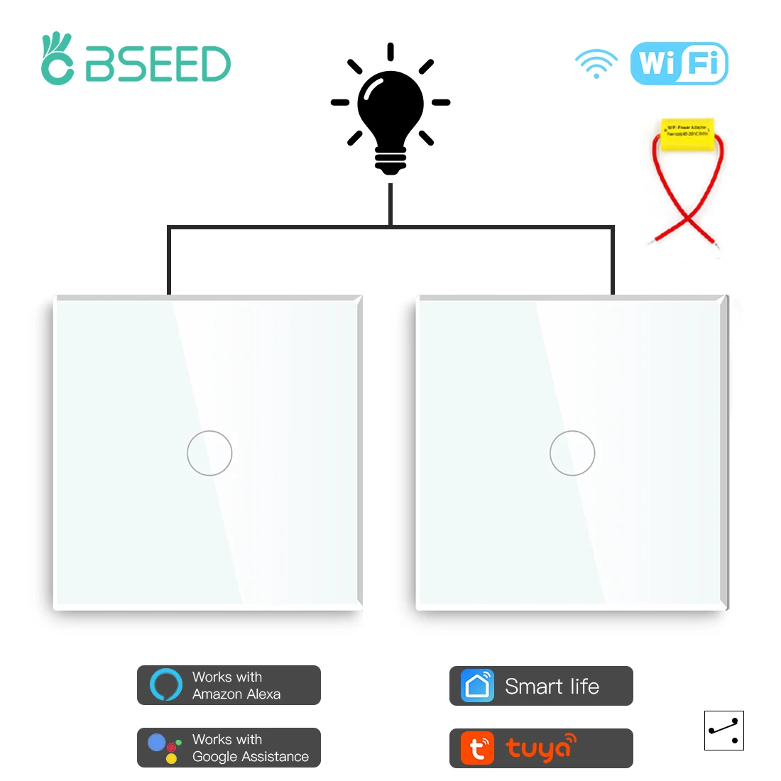 

BSEED 1Gang Wifi Touch Switches 2Way Wall Light Switches Stairs Glass Switches Tuya Smart Life Alexa Alice Control No Neutral