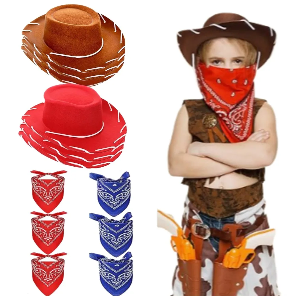 

12/24 Set Cowboy Hats and Bandanas Bulk for Kids Western Themed Childrens Cosplay Costume Accessory Prop for Kids Party Supplies