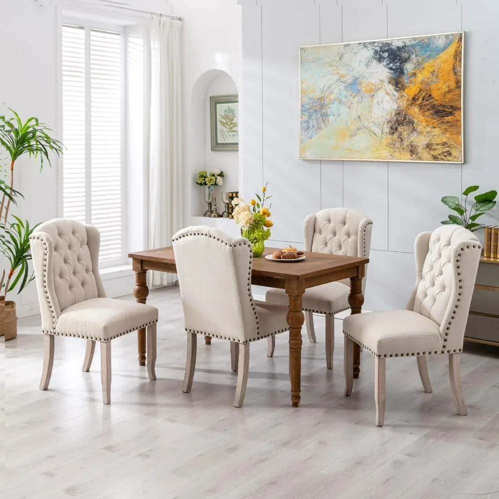 Modern Dining Chairs Set of 4, Upholstered Kitchen Chairs with Backrests and Wood Legs, Tufted Linen Fabric