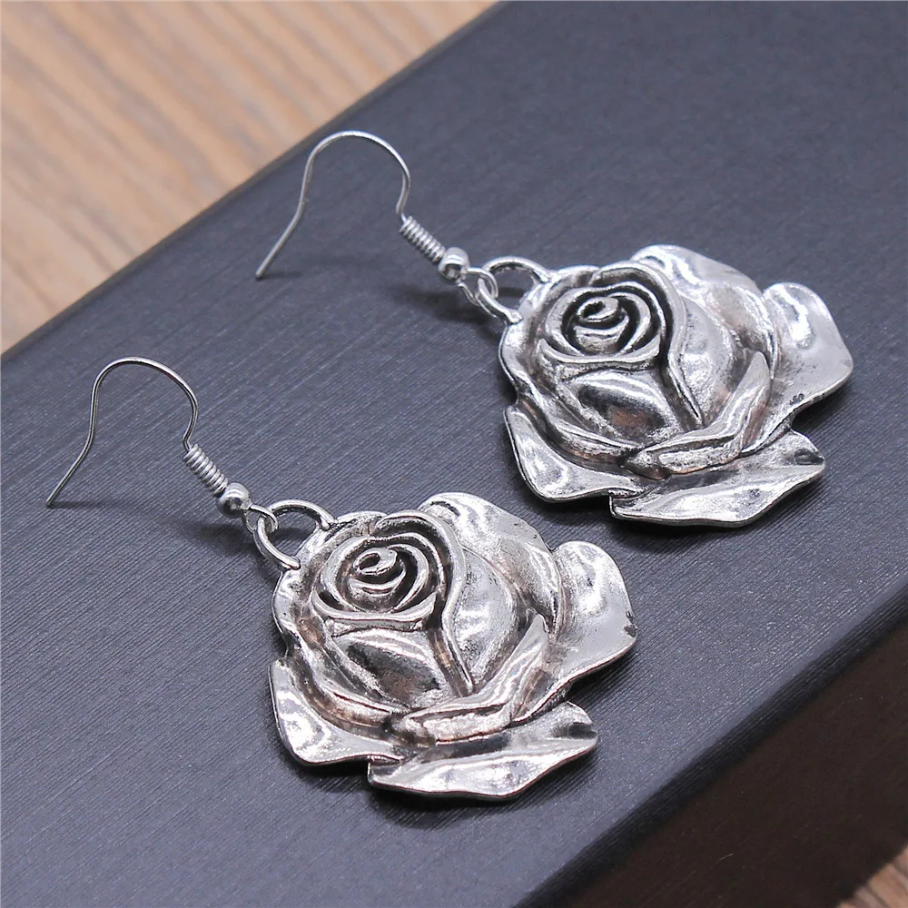 Fashion Handmade Antique Silver Color Rose Pendant Earrings Dropshipping Drop Earrings