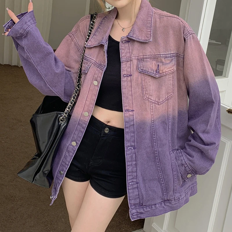 Purple Ombre Denim Jacket for Women Oversized Jean Jacket Y2K Grunge Autumn Winter harajuku coat for women abrigos para mujeres