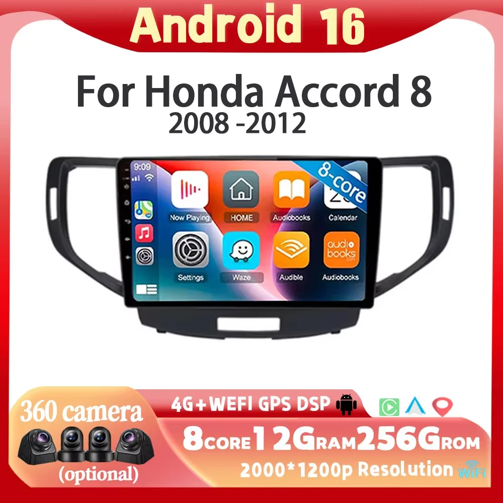 8+128G For Honda Accord 8 (European Version) 2008 - 2012 Car Radio GPS Android16  Multimedia Navigation Auto 2din Autoradio