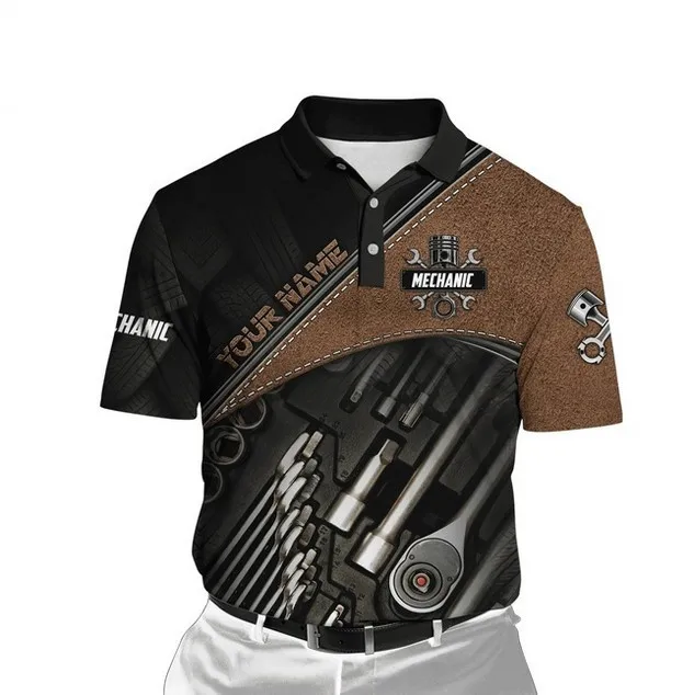 

Mechanic 3D printed men's polo shirt short sleeved buckle casual men's shirt