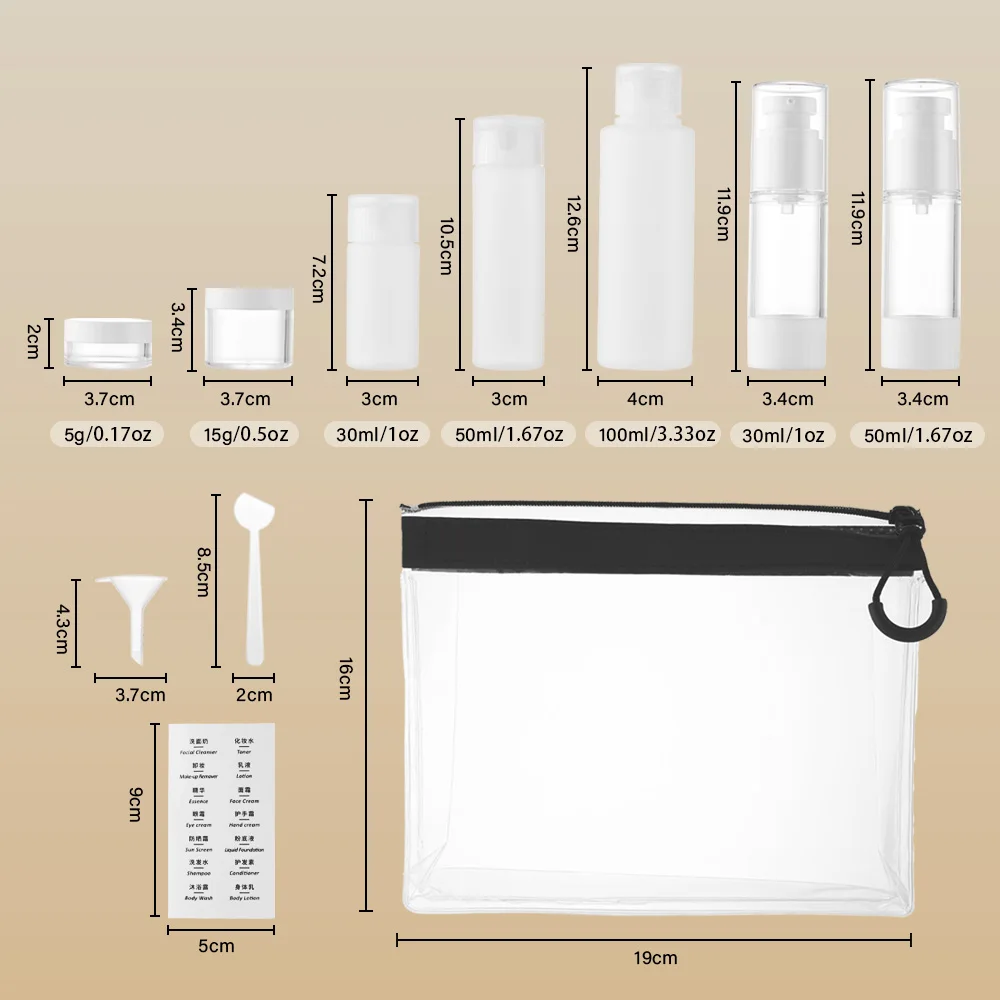 7-delige reisflessenset lekvrije hervulbare samendrukbare containers voor toiletartikelen met doorzichtige ritssluiting toilettas voor lotion