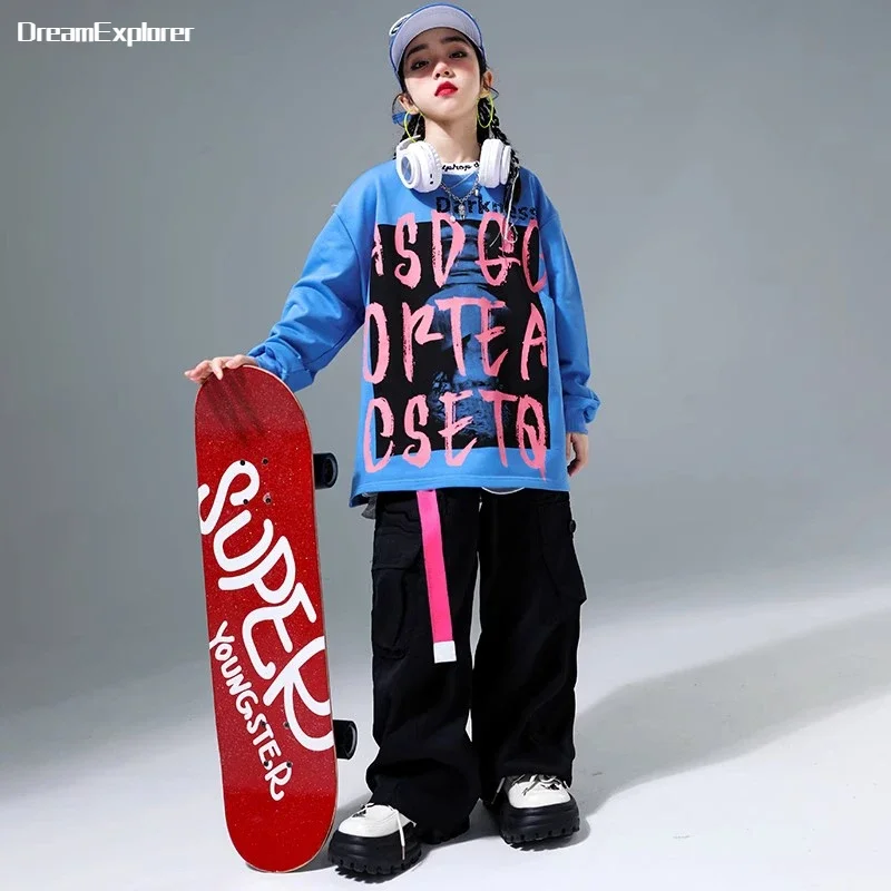 Hip Hop Girls Contrast Cool Sweatshirt Cargo Pants Boys Street Dance Loose Pullover Kids Sport Streetwear Child Jazz Clothes Set