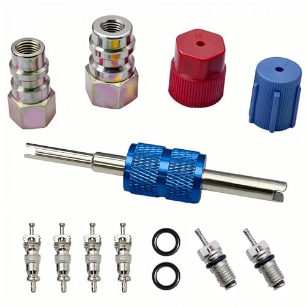 R12 to R134A Air Conditioning Adapter Kit with Valve Core Remover Seals and Replacement Cores for System Retrofit Tasks