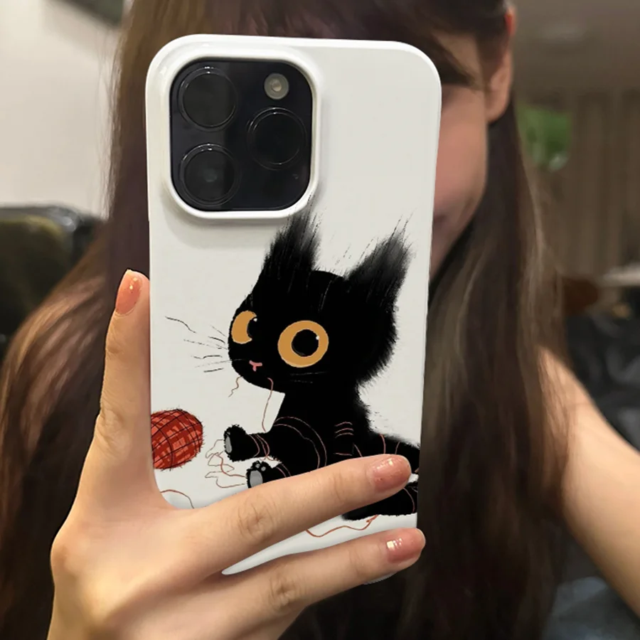 Ins Cute Black Kitten Red Ball Phone Case for iPhone 16 15 14 13 Pro Max 12 11 Back Cover Fund