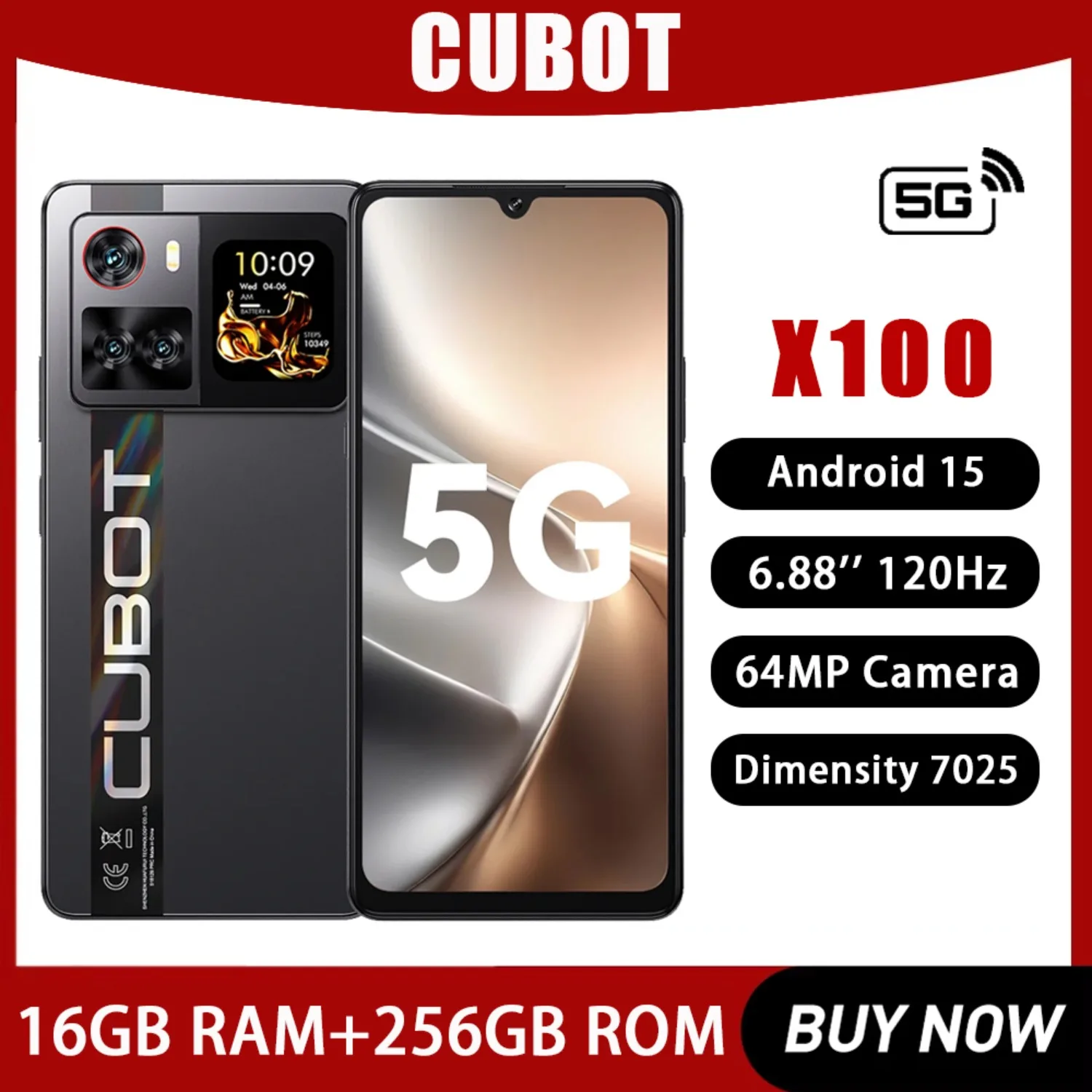 Cubot X100 5G Smartphone Android 15 Dimensity 7025 6.88-inch Screen 6nm 2.5GHz 16GB(8+8) 256GB 64MP Camera 5100mAh Battery NFC
