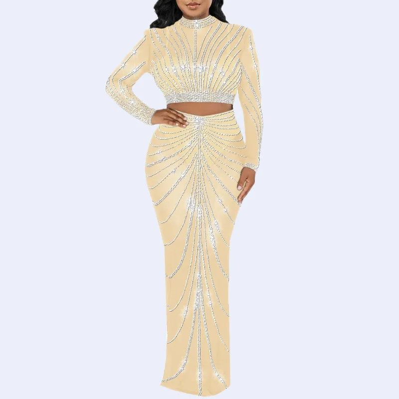 European and American Fashion Women's Mesh Hot Rhinestone Perspective Long Sleeve Long Skirt Two-piece Set for Women