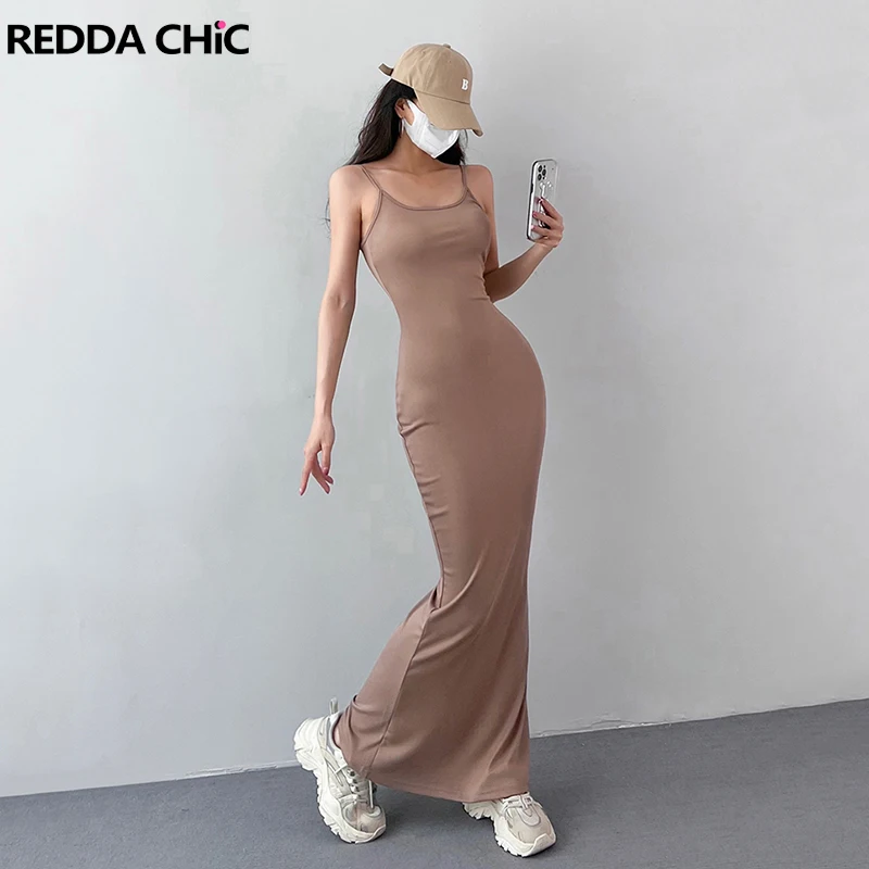 

Повседневное однотонное облегающее платье ReddaChic, женское трикотажное платье в рубчик без рукавов, облегающее тянущееся длинное платье-русалка, сексуальная летняя одежда