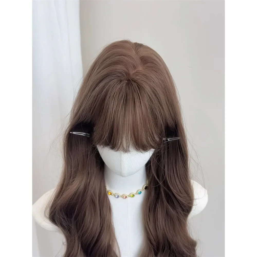 Ashely Wig for Women Brown Long Wavy Wigs with Bangs Wool Curls Long Hair Big Waves Headband Wig Heat-resistant  가발