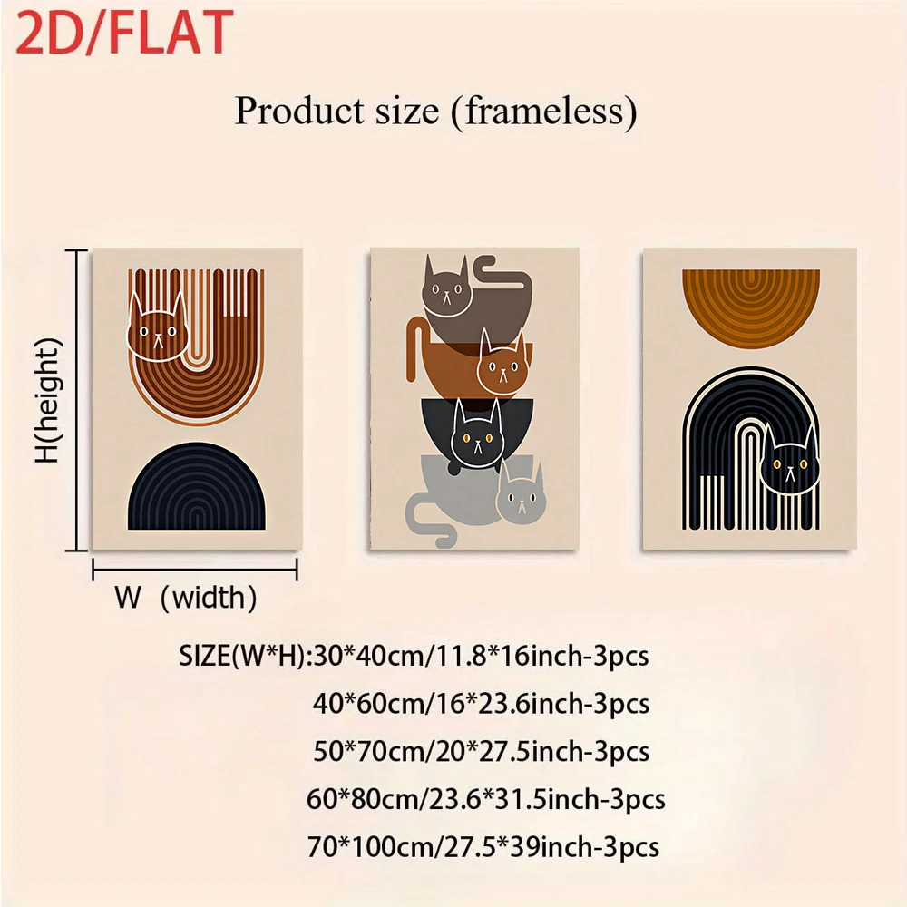(3PCS Unframe)1 set of modern minimalist geometric cat triptych frameless decorative paintings (2D flat)