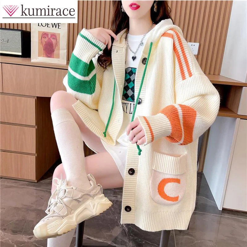 

Lazy Style Hooded Sweater Cardigan Women's Mid Length Korean Version 2023 New Loose Knit Jacket Winter Clothes Women Sweater