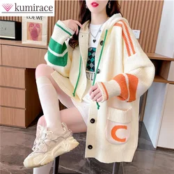 Lazy Style Hooded Sweater Cardigan Women's Mid Length Korean Version 2023 New Loose Knit Jacket Winter Clothes Women Sweater